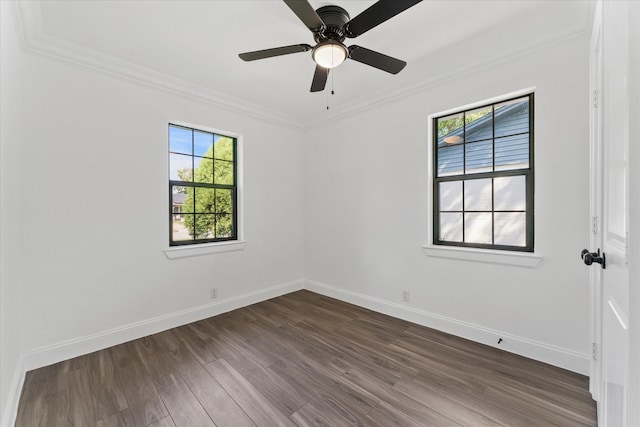 spare room featuring ceiling fan, a wealth of natural light, crown molding, and dark wood-type flooring