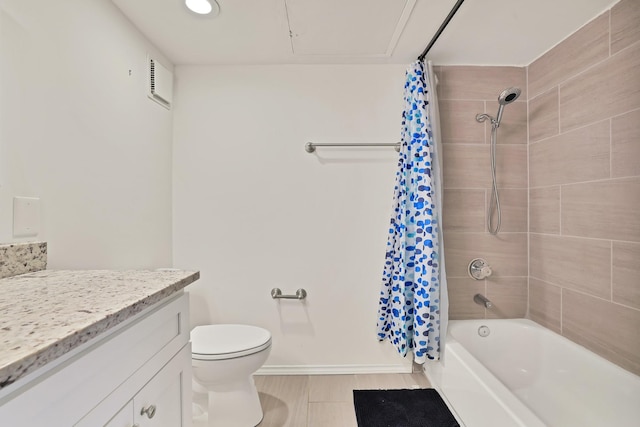 full bathroom featuring vanity, toilet, and shower / bathtub combination with curtain