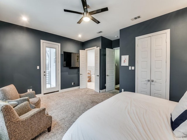 carpeted bedroom with a closet, ceiling fan, and access to exterior