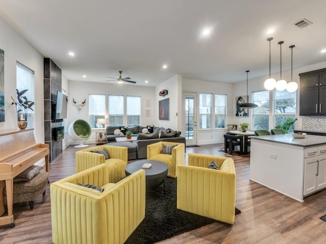 living room featuring ceiling fan and dark wood-type flooring