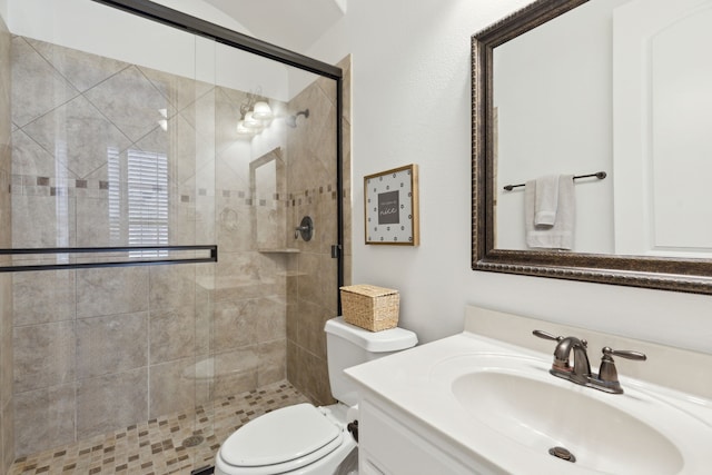 bathroom featuring vanity, toilet, and a shower with door