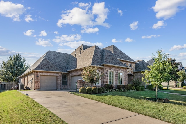 view of front of home featuring central air condition unit, a garage, and a front lawn