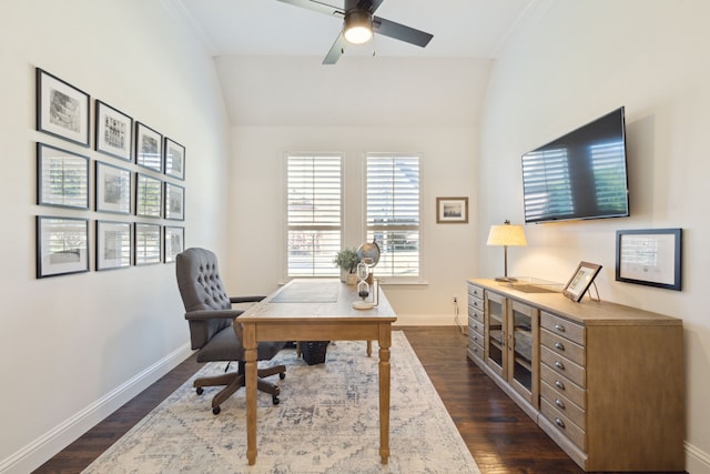 office space with ceiling fan, dark hardwood / wood-style flooring, and lofted ceiling