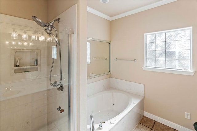 bathroom with tile patterned floors, ornamental molding, and separate shower and tub