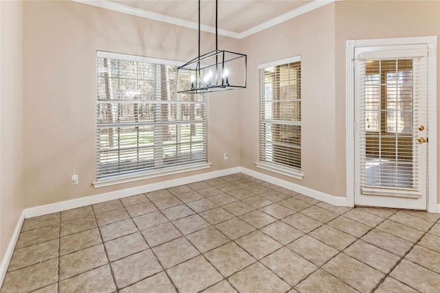 unfurnished dining area featuring crown molding, a notable chandelier, and tile patterned flooring