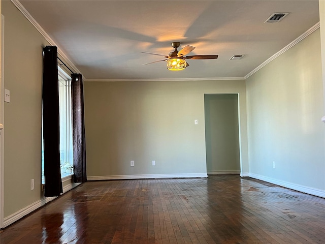 unfurnished room featuring dark hardwood / wood-style floors, ceiling fan, and ornamental molding