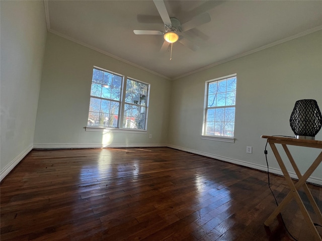 unfurnished room featuring ceiling fan, ornamental molding, and dark hardwood / wood-style floors