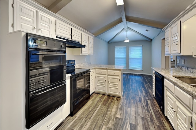 kitchen with black appliances, white cabinetry, kitchen peninsula, and lofted ceiling with beams