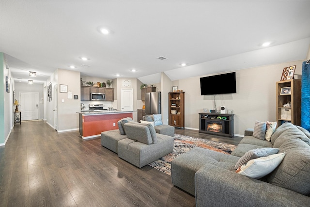 living room featuring a fireplace and dark hardwood / wood-style flooring