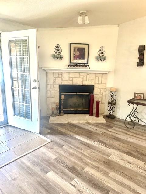 living room with hardwood / wood-style flooring and a fireplace