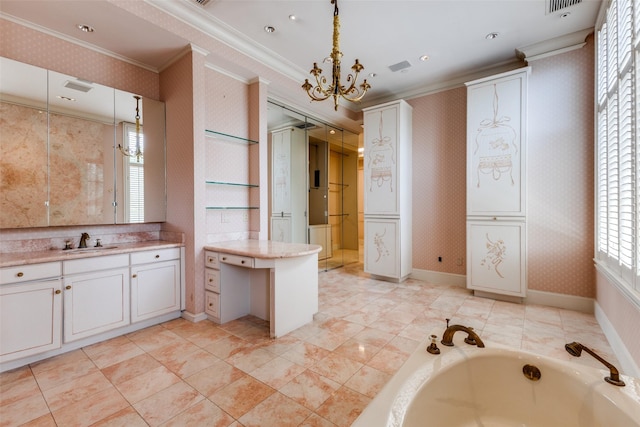 bathroom featuring crown molding, vanity, and a bathing tub