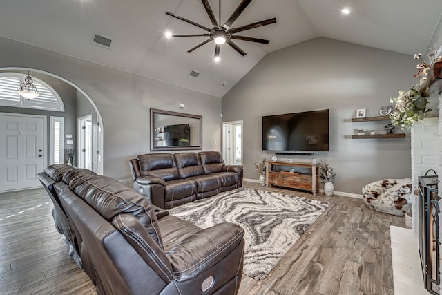 living room featuring a fireplace, high vaulted ceiling, a healthy amount of sunlight, and light wood-type flooring