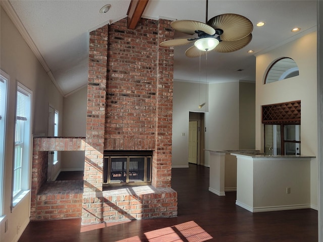 bathroom featuring hardwood / wood-style flooring, vanity, lofted ceiling, and plus walk in shower