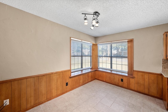 empty room featuring wood walls and a textured ceiling