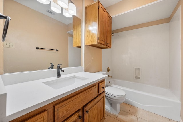 full bathroom featuring shower / bathtub combination, tile patterned floors, vanity, and toilet