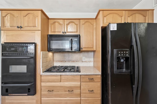 kitchen with black appliances, decorative backsplash, light brown cabinetry, and ornamental molding