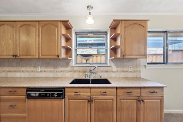 kitchen with pendant lighting, tasteful backsplash, sink, paneled dishwasher, and crown molding