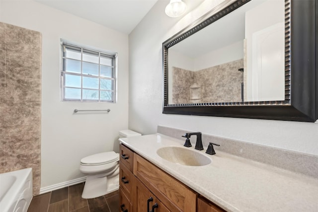 full bathroom with toilet, vanity, and bathing tub / shower combination