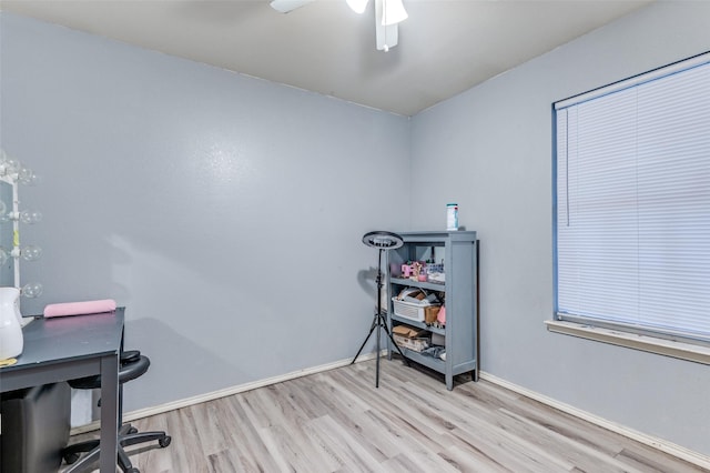 office area featuring ceiling fan and light hardwood / wood-style flooring