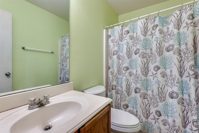 bathroom with vanity, toilet, and a shower with shower curtain