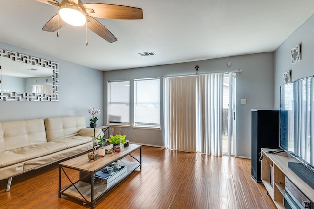 living room with ceiling fan, a wealth of natural light, and wood-type flooring