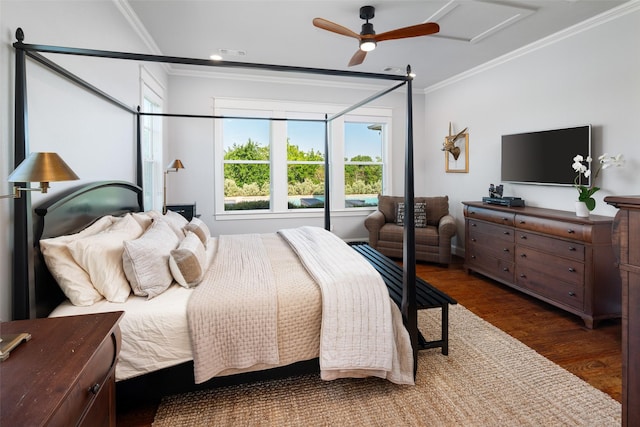 bedroom with ceiling fan, dark hardwood / wood-style floors, and crown molding