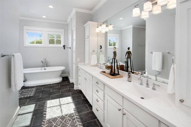 bathroom featuring vanity, a washtub, a wealth of natural light, and crown molding