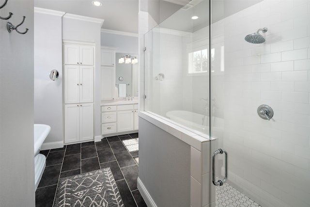 bathroom with vanity, shower with separate bathtub, crown molding, and tile patterned flooring