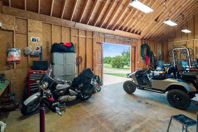 garage with wood walls