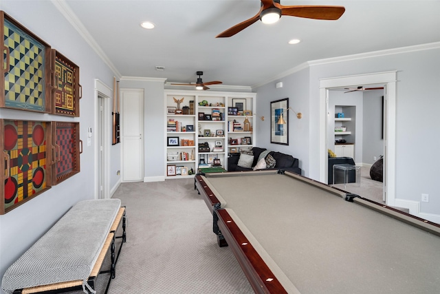 game room featuring ceiling fan, billiards, crown molding, and carpet flooring