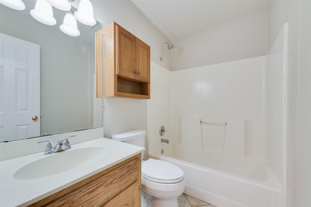 full bathroom with a notable chandelier, toilet, tile patterned flooring, shower / tub combination, and vanity