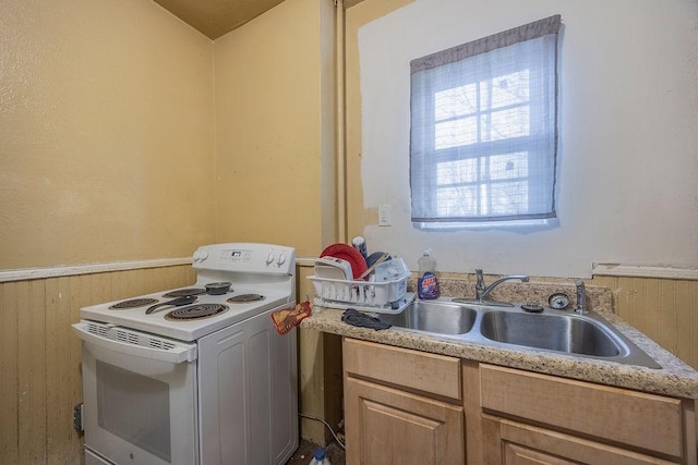 kitchen featuring sink, wooden walls, and electric stove