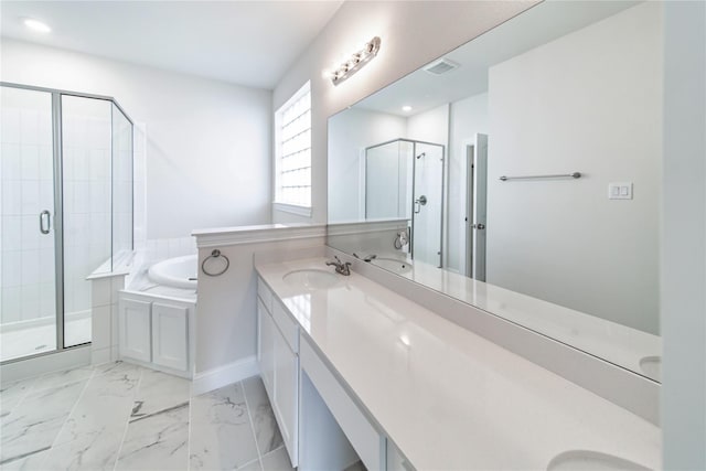 bathroom featuring vanity and plus walk in shower