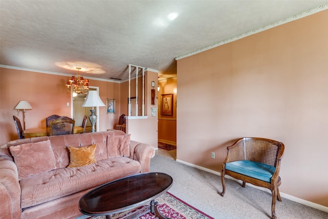 carpeted living room featuring a textured ceiling, crown molding, and a notable chandelier