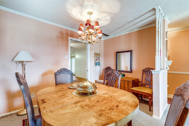 carpeted dining room featuring a notable chandelier and ornamental molding