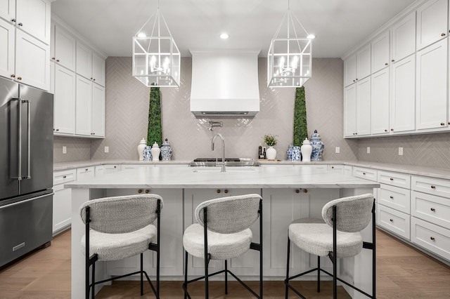 kitchen with high end fridge, wall chimney range hood, a kitchen island with sink, and a kitchen bar