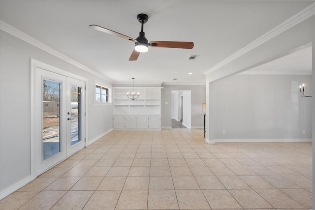 unfurnished living room featuring french doors, ceiling fan with notable chandelier, light tile patterned floors, and ornamental molding