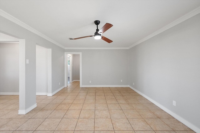 unfurnished room with light tile patterned flooring, ceiling fan, and ornamental molding