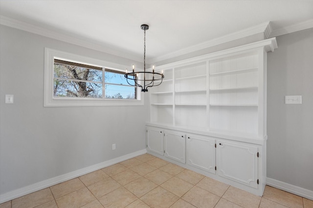 unfurnished dining area featuring a notable chandelier, ornamental molding, and light tile patterned floors