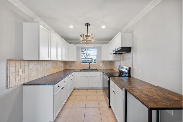 kitchen featuring decorative light fixtures, white cabinetry, sink, light tile patterned floors, and stainless steel electric range