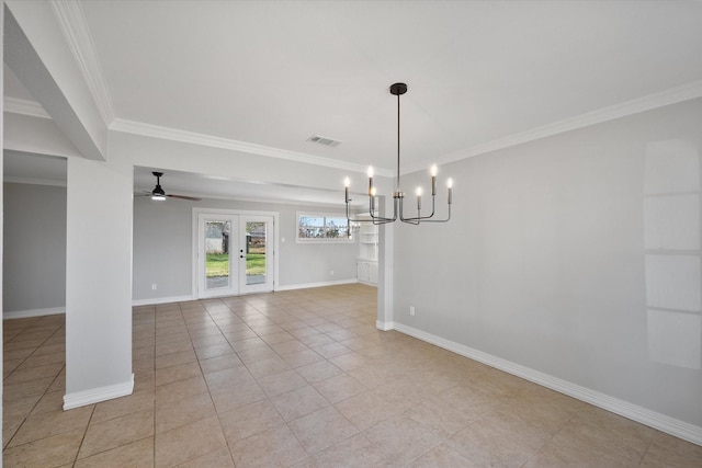 unfurnished dining area with ceiling fan with notable chandelier, light tile patterned floors, and ornamental molding