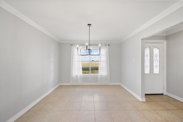 unfurnished dining area featuring light tile patterned floors, crown molding, and a notable chandelier