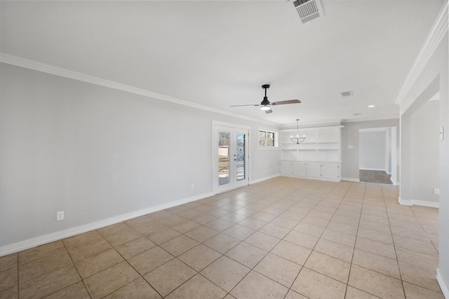 unfurnished living room featuring light tile patterned flooring, ceiling fan with notable chandelier, and ornamental molding