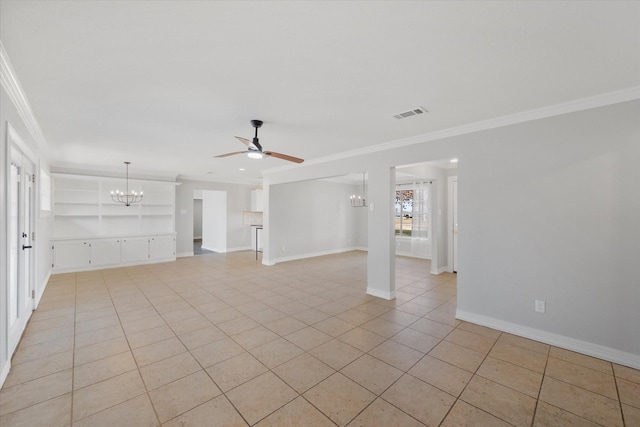 unfurnished living room featuring ceiling fan with notable chandelier, built in shelves, ornamental molding, and light tile patterned flooring