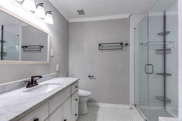 bathroom with ornamental molding, vanity, an enclosed shower, and toilet