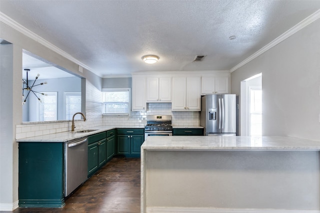 kitchen featuring white cabinetry, sink, backsplash, kitchen peninsula, and stainless steel appliances