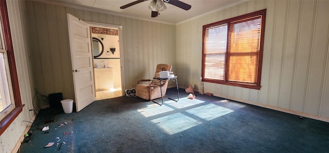 unfurnished bedroom with ceiling fan, ornamental molding, and dark colored carpet