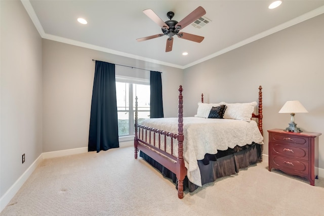 bedroom featuring ceiling fan, crown molding, and light carpet