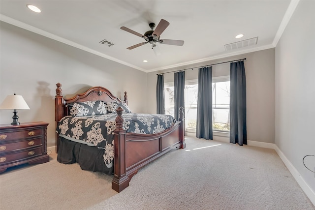 bedroom featuring ceiling fan, light colored carpet, and ornamental molding