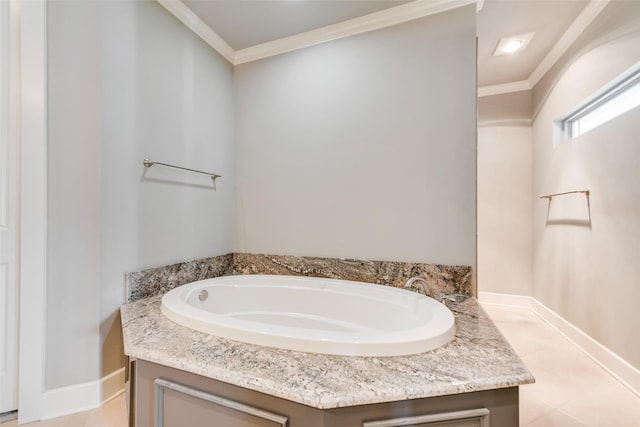 bathroom featuring crown molding and a bath